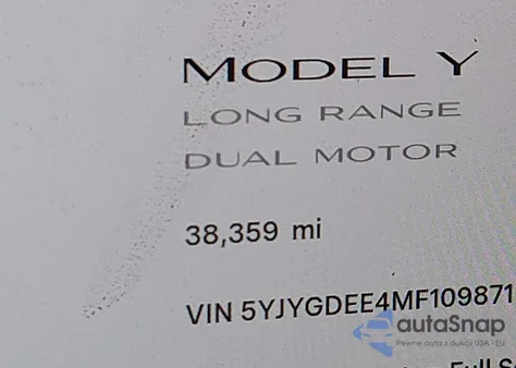 2021 Tesla Model Y Long Range Dual Motor All-Wheel Drive z USA, uszkodzony, nr VIN 5YJYGDEE4MF109871